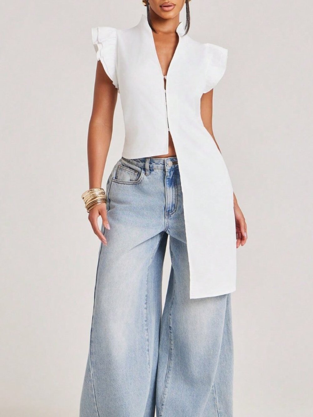 White Casual Women's Ruffle Asymmetrical Long Plain Regular Fit Top - Picture 4 of 7